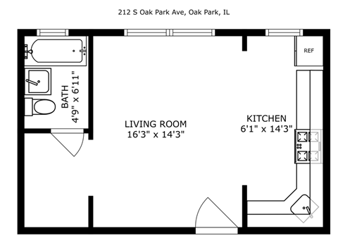 A drawing of a living room and kitchen area with a bathroom.